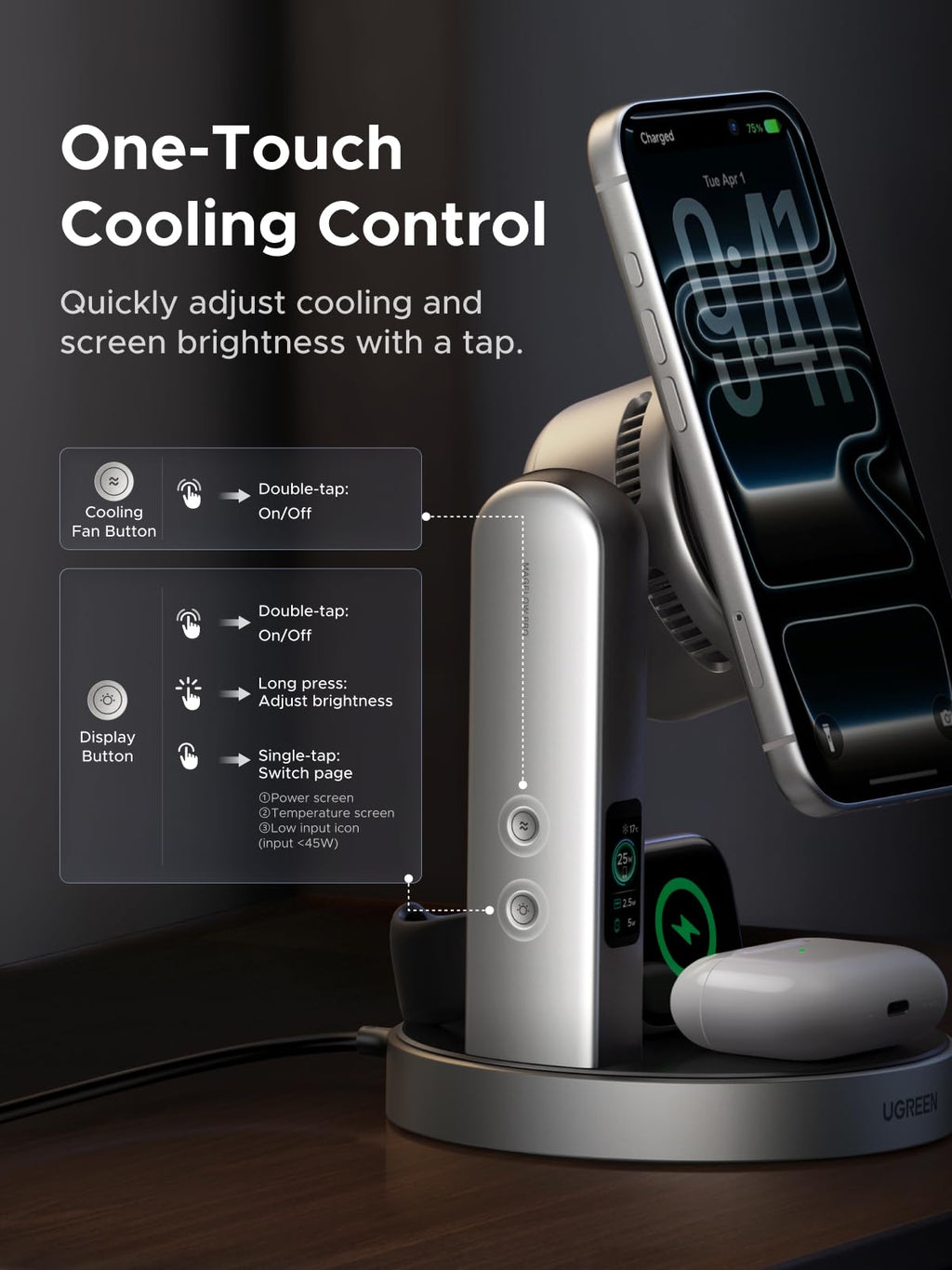 UGREEN MagFlow Pro Magnetic Wireless Charging Stand (3-in-1, Qi2 25W)
