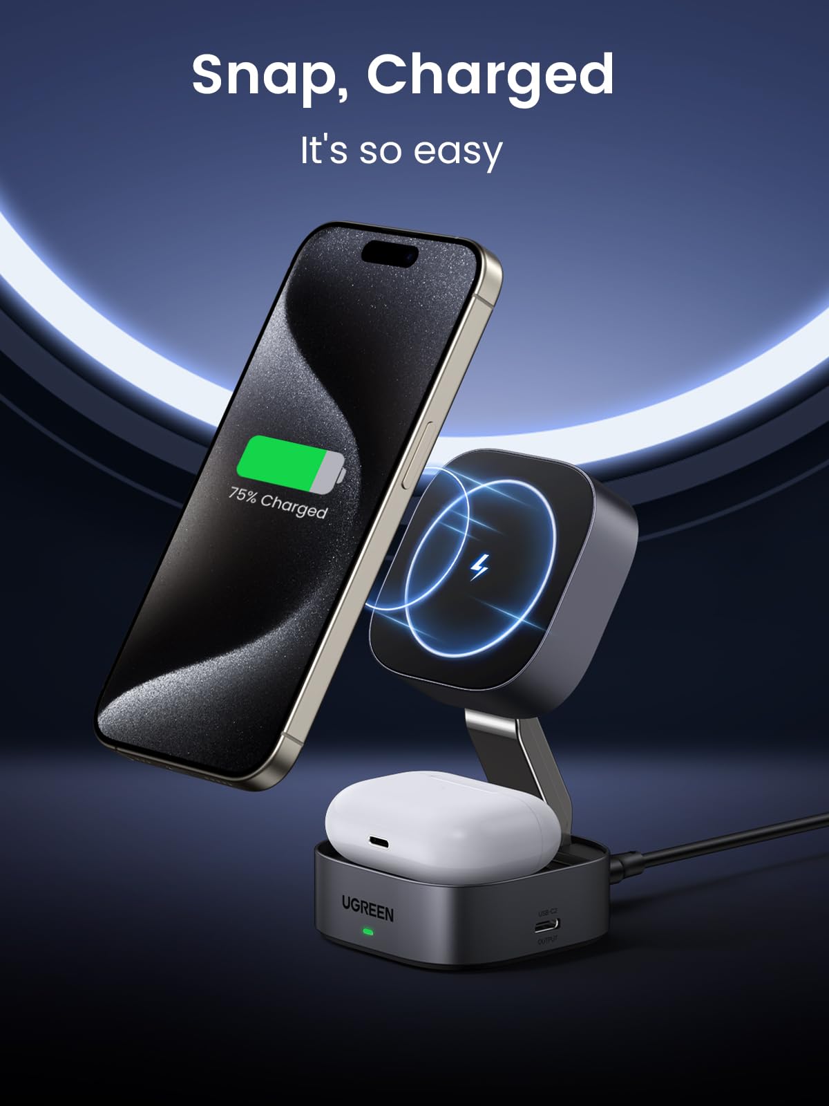 UGREEN MagFlow 2-in-1 Wireless Charger (Qi2 7.5W, MagSafe Compatible, Foldable)