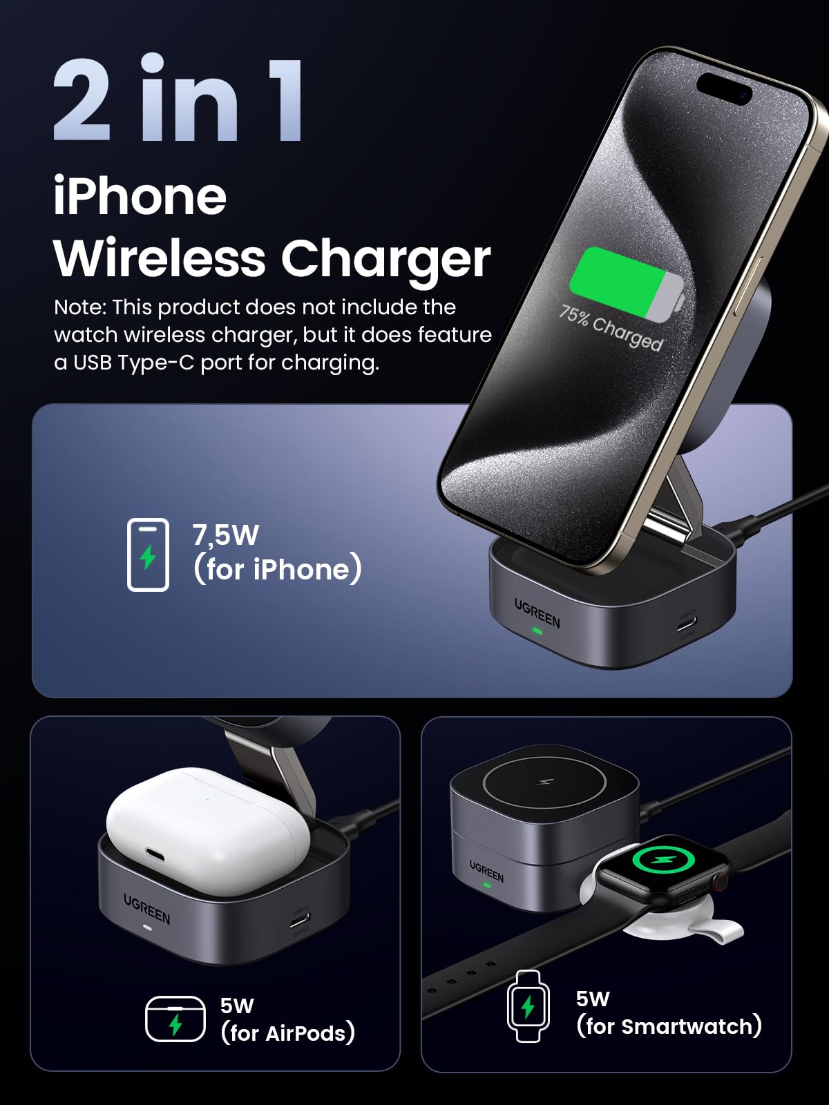 UGREEN MagFlow 2-in-1 Wireless Charger (Qi2 7.5W, MagSafe Compatible, Foldable)