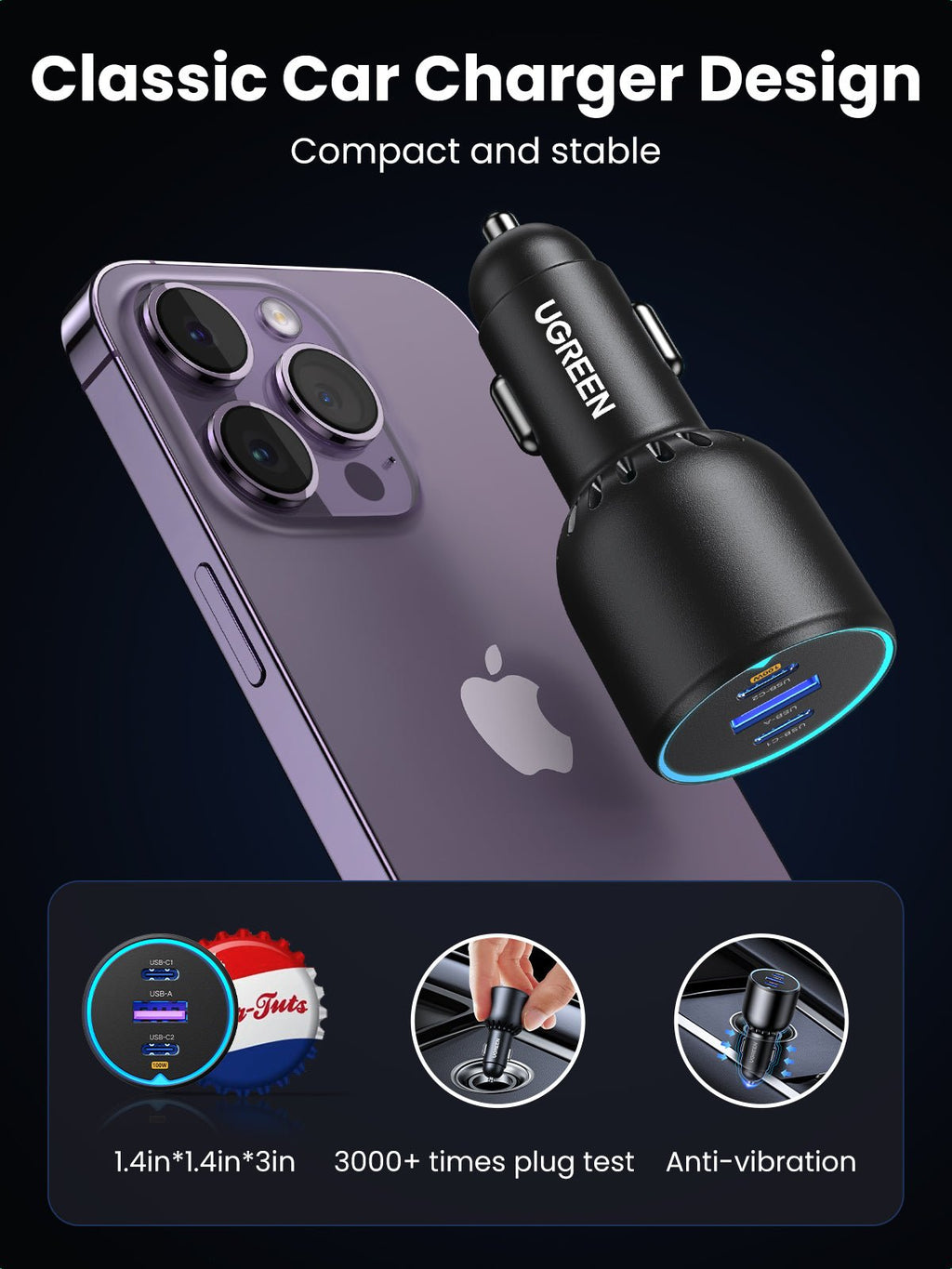 UGREEN 130W PD Car Charger 3 Ports with 100W USB-C Cable