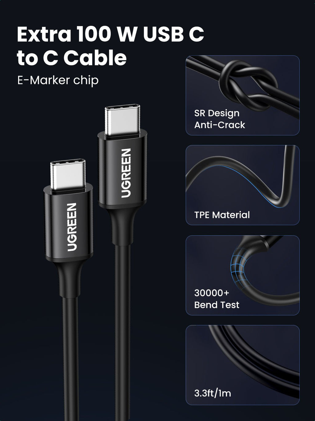 UGREEN 130W PD Car Charger 3 Ports with 100W USB-C Cable