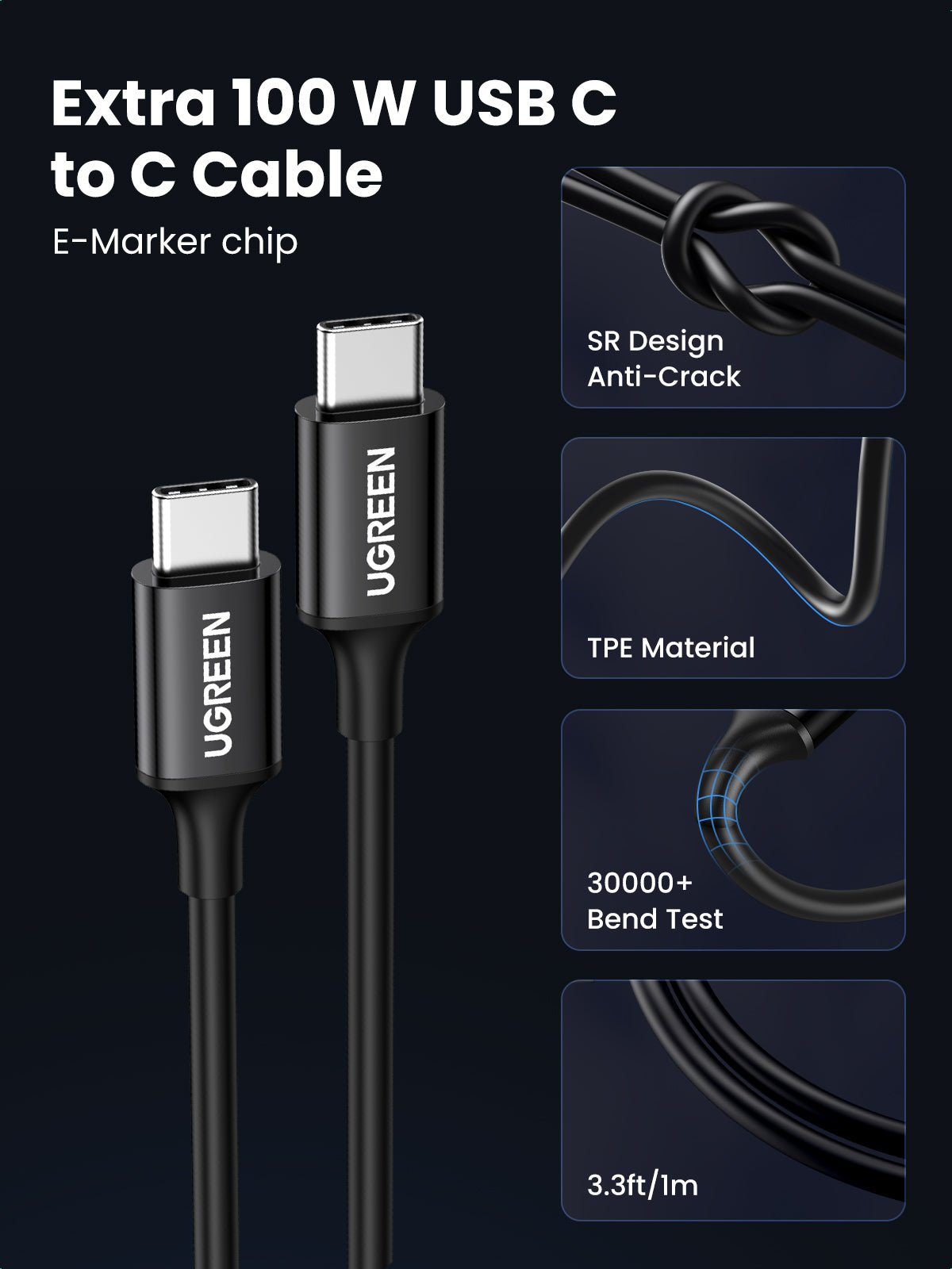 UGREEN 130W PD Car Charger 3 Ports with 100W USB-C Cable